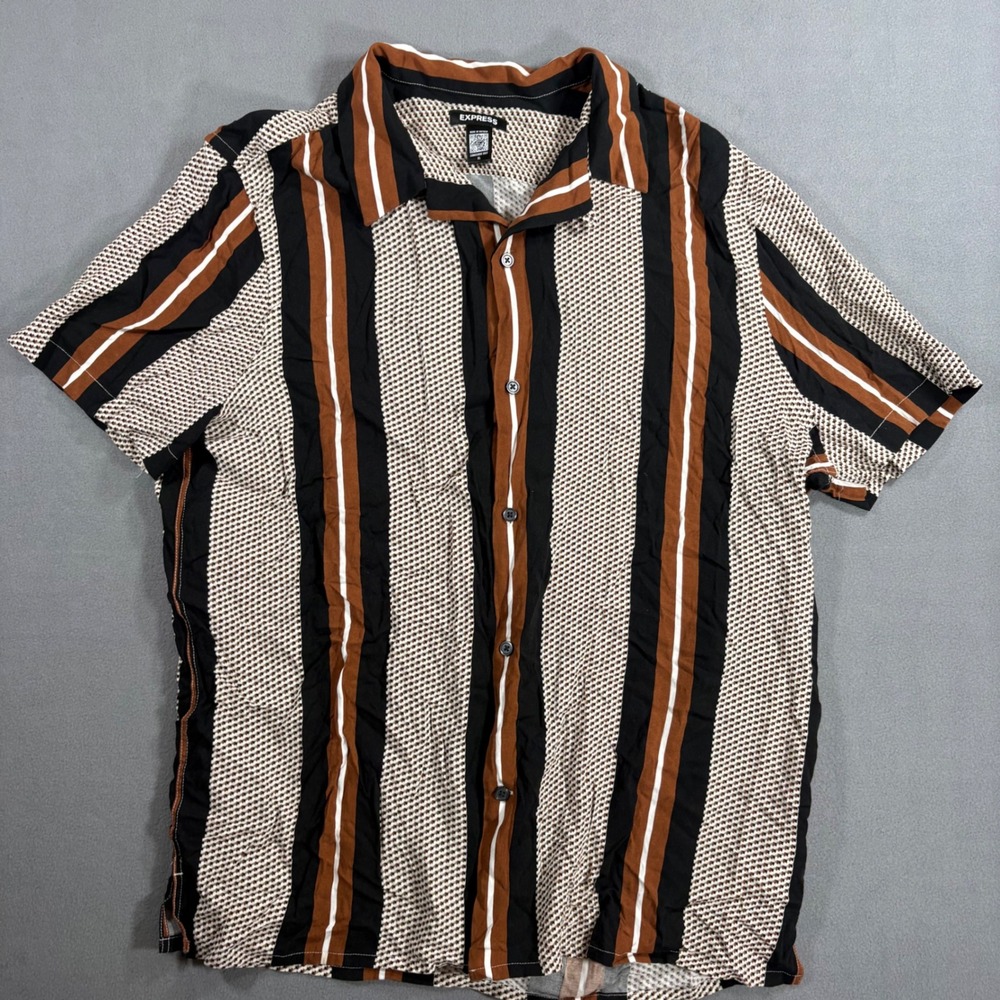 Express Button Up Shirt Mens XL Brown Excellent Striped Conscious Edit Viscose